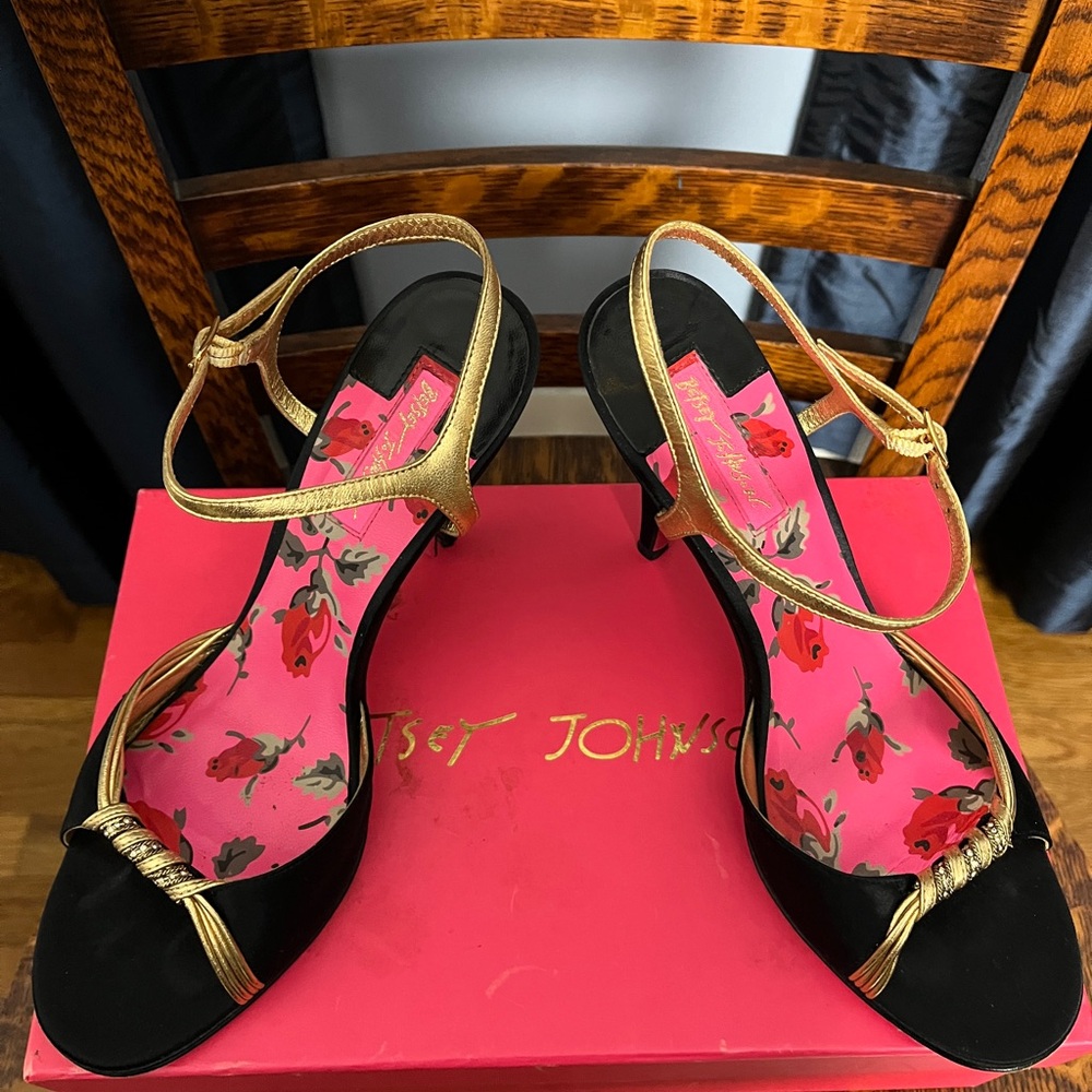Betsy Johnson Gold and Black Lamont Heeled Sandals